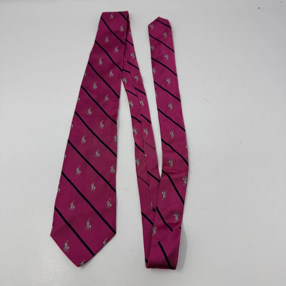 Polo Ralph Lauren Silk Tie Pink Navy Blue Stripe Pony Logo Hand Made Italy